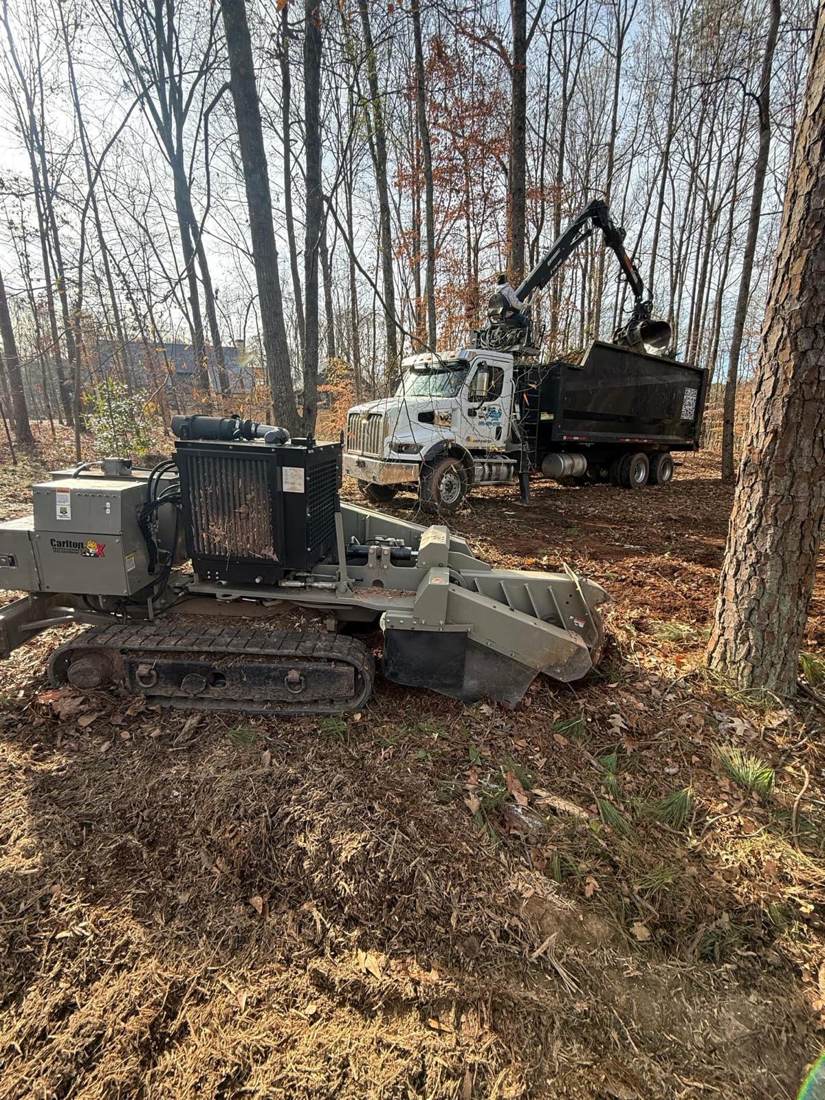 Forestry mulcher and grapple truck clearing wooded land