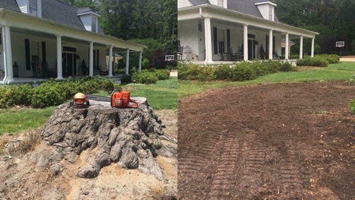 Large stump removed and yard graded in front of a farmhouse porch before and after