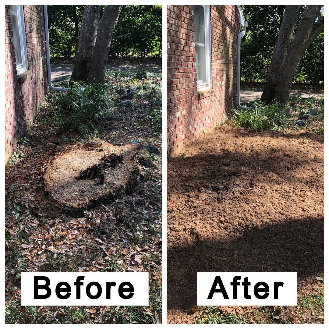 Stump removed and bed mulched flush against a brick house before and after